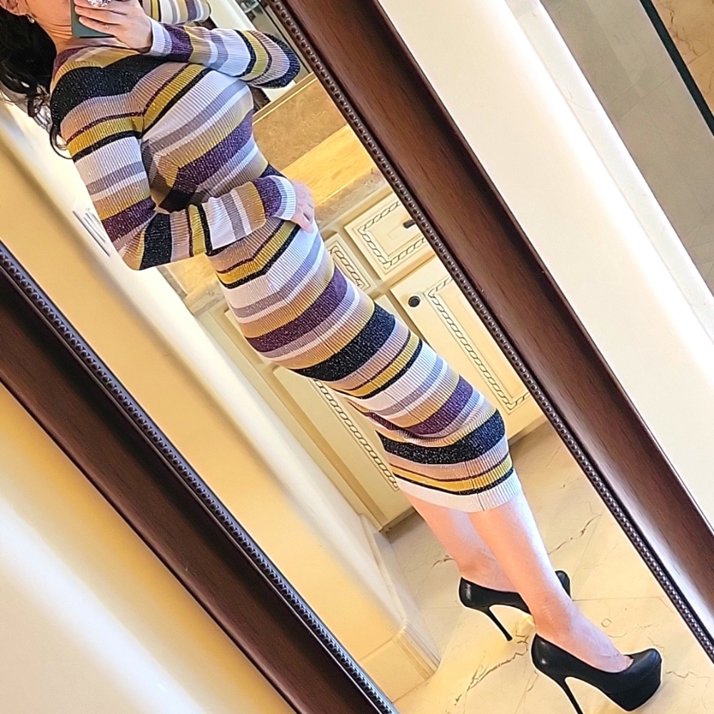 Chaser Veda Striped Multicolor Long Sleeve Sweater Dress w/ Sparkle, S